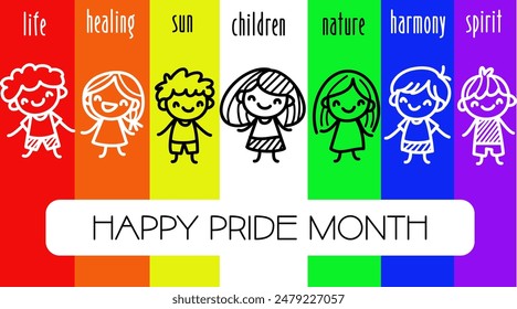 Happy pride month colorful kids banner illustration, pride flag with hand drawn cartoon, focus on diversity and inclusion.