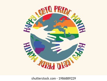 Happy Pride Month Concept With Hand Hug The Rainbow Earth in Flat Layer Design