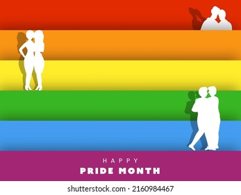 Happy Pride Month Concept With Paper Cut Gay And Lesbian Couple Embracing On Rainbow Paper Stripe Background.