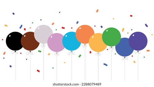 Concepto del Mes del Orgullo Feliz. Globos arcoiris y confeti. Derechos LGBT