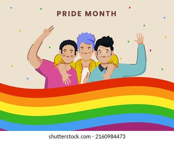 Happy Pride Month Concept With Three Cartoon Men Embracing And Rainbow Stripe Wavy On Beige Background.