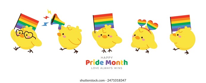 Happy Pride Month cute chick element vector. LGBTQ community design with yellow chick character, rainbow flag. Celebrating Gay Pride with chicken illustration for sticker, cover, banner, festival.