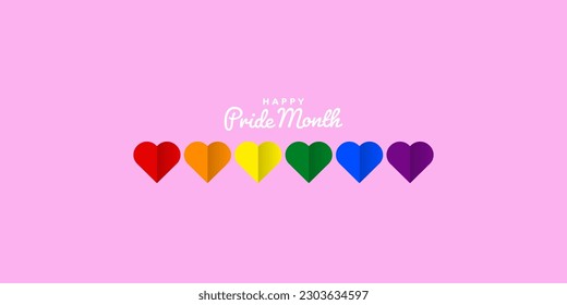 Happy Pride Month with cute paper hearts in rainbow pride flag colors on pink background. Vector Illustration. EPS 10.