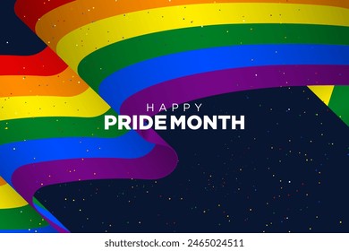 Happy Pride Month Greeting Banner, for LGBTQIA Pride Month Celebration. Big realistic flowing Rainbow flag on dark blue background, dotted with polkadots. Vector Illustration. EPS10