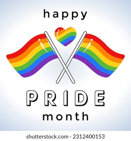 Happy Pride month greeting card with rainbow colored heart and LGBTQ flag. Typography design element for Pride Month. Vector design for poster, banner, t-shirt