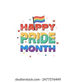 Happy Pride Month greeting card with rainbow flag. Design element for LGBTQ culture decoration, t-shirt, flag, postcard, poster, social media post. Pride month.