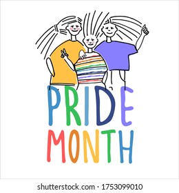 Feliz mes de orgullo, diseño de saludos. Concepto de celebración de la diversidad sexual. Gente alegre celebrando el desfile del orgullo. Ilustración vectorial dibujada por mano