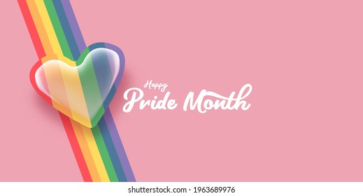 Happy pride month horizontal banner with heart and pride color flag isolated on pink background. Pride month or pride day poster, flyer, invitation party card deign template.