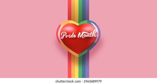 Happy pride month horizontal banner with heart and pride color flag isolated on pink background. Pride month or pride day poster, flyer, invitation party card deign template.