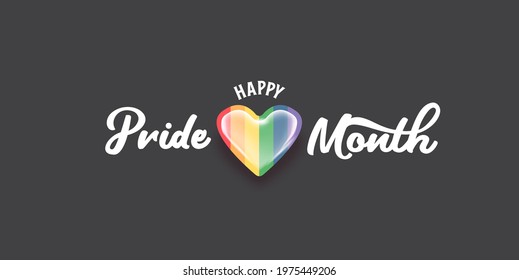 Happy pride month horizontal banner with heart and pride color flag isolated on grey background. Pride month or pride day poster, flyer, invitation party card design template.