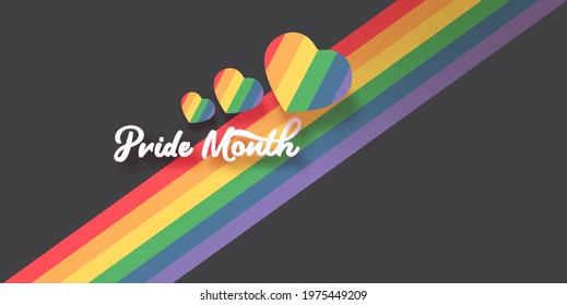 Happy pride month horizontal banner with heart and pride color flag isolated on grey background. Pride month or pride day poster, flyer, invitation party card design template.