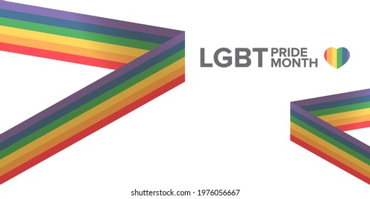 Happy pride month horizontal banner with pride color striped ribbon flag isolated on white background. LGBT Pride month or pride day poster, flyer, invitation party card modern style design template.