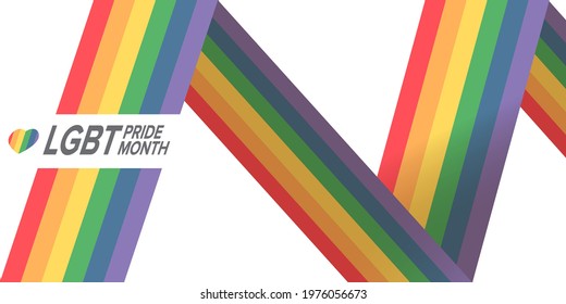 Happy pride month horizontal banner with pride color striped ribbon flag isolated on white background. LGBT Pride month or pride day poster, flyer, invitation party card modern style design template.