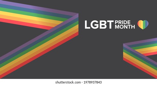 Happy pride month horizontal banner with pride color striped ribbon flag isolated on grey background. LGBT Pride month or pride day poster, flyer, invitation party card modern style design template.