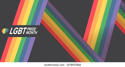 Happy pride month horizontal banner with pride color striped ribbon flag isolated on grey background. LGBT Pride month or pride day poster, flyer, invitation party card modern style design template.