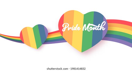 Happy pride month horizontal banner with heart and pride color flag isolated on grey background. Pride month or pride day poster, flyer, invitation party card deign template.