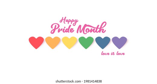 Happy pride month horizontal banner with heart and pride color flag isolated on grey background. Pride month or pride day poster, flyer, invitation party card deign template.