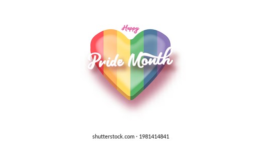 Happy pride month horizontal banner with heart and pride color flag isolated on grey background. Pride month or pride day poster, flyer, invitation party card deign template.