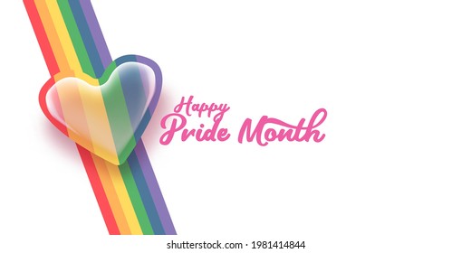 Happy pride month horizontal banner with heart and pride color flag isolated on grey background. Pride month or pride day poster, flyer, invitation party card deign template.