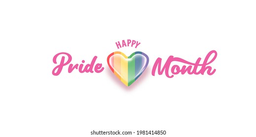 Happy pride month horizontal banner with heart and pride color flag isolated on grey background. Pride month or pride day poster, flyer, invitation party card deign template.