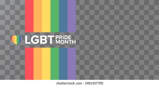 Happy pride month horizontal banner with pride color striped ribbon flag isolated on transparent background. LGBT Pride month or pride day poster, invitation party card modern style design template.