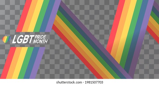 Happy pride month horizontal banner with pride color striped ribbon flag isolated on transparent background. LGBT Pride month or pride day poster, invitation party card modern style design template.