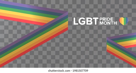 Happy pride month horizontal banner with pride color striped ribbon flag isolated on transparent background. LGBT Pride month or pride day poster, invitation party card modern style design template.