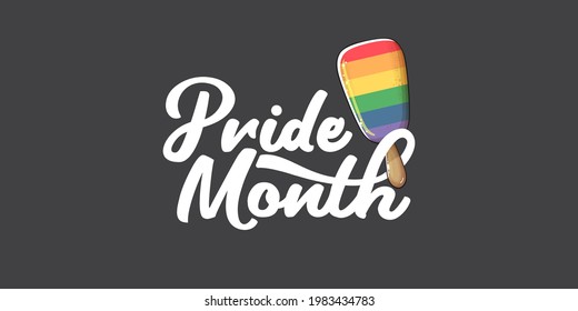 Happy pride month horizontal banner with pride color flag ice cream isolated on grey background. LGBT Pride month or pride day poster, invitation party card with popsicle