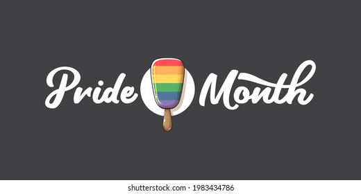 Happy pride month horizontal banner with pride color flag ice cream isolated on grey background. LGBT Pride month or pride day poster, invitation party card with popsicle