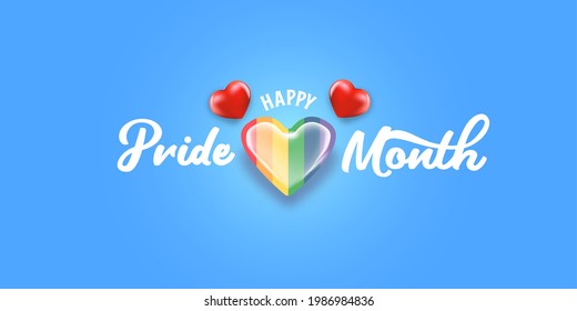 Happy pride month horizontal banner with heart and pride color flag isolated on blue background. Pride month or pride day poster, flyer, invitation party card design template.