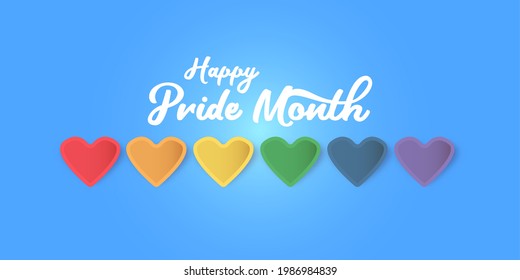 Happy pride month horizontal banner with heart and pride color flag isolated on blue background. Pride month or pride day poster, flyer, invitation party card design template.
