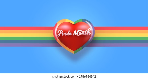 Happy pride month horizontal banner with heart and pride color flag isolated on blue background. Pride month or pride day poster, flyer, invitation party card design template.