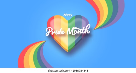 Happy pride month horizontal banner with heart and pride color flag isolated on blue background. Pride month or pride day poster, flyer, invitation party card design template.