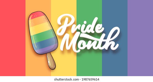 Happy pride month horizontal banner with pride color flag ice cream isolated on rainbow background. LGBT Pride month or pride day poster, invitation party card with popsicle