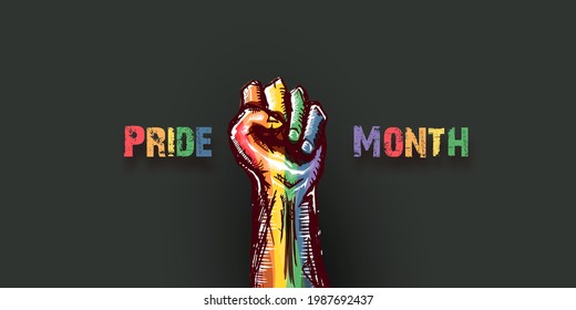 Happy pride month horizontal banner with Rised LGBT fist colored in lgbt flag isolated on grey background. LGBT Pride month or pride day poster design template.  Fight for your LGBT rights concept
