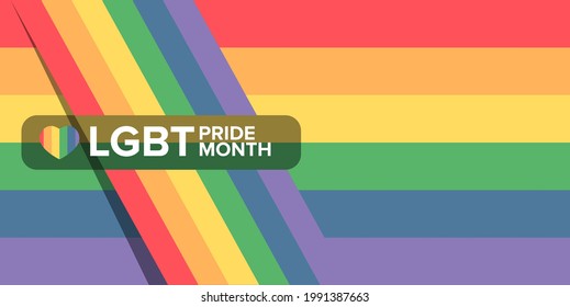 Happy pride month horizontal banner with pride color striped ribbon flag isolated on color background. LGBT Pride month or pride day poster, flyer, invitation party card modern style design template.