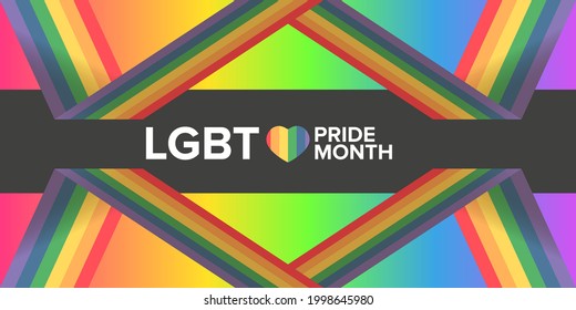 Happy pride month horizontal banner with pride color striped ribbon flag isolated on gradient background. LGBT Pride month or pride day poster, invitation party card modern style design template.