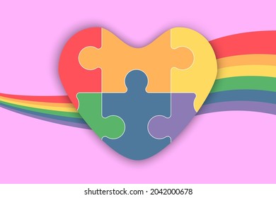 Happy pride month horizontal banner with heart and pride color flag isolated on blue background Pride month or pride day Heart health puzzle World Heart Day Autism unity and solidarity awareness