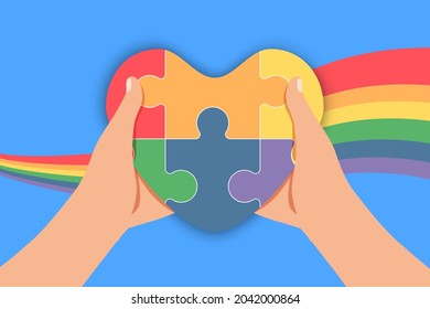 Happy pride month horizontal banner with heart and pride color flag isolated on blue background Pride month or pride day Heart health puzzle World Heart Day Autism unity and solidarity awareness