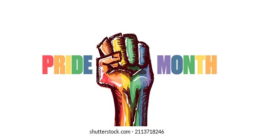 Happy pride month horizontal banner with Rised LGBT fist colored in lgbt flag isolated on white background. LGBT Pride month or pride day poster design template. Fight for your LGBT rights concept
