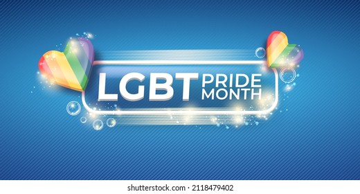 Happy pride month horizontal banner with pride colors striped heart isolated on blue background. LGBT Pride month or pride day poster, flyer, invitation party card modern style design template.