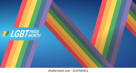 Happy pride month horizontal banner with pride color striped ribbon flag isolated on blue background. LGBT Pride month or pride day poster, flyer, invitation party card modern style design template.