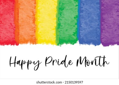 Happy Pride Month horizontal banner and colorful rainbow paint strokes white background  Cute watercolor textured vector border  LGBT community celebration 2022 