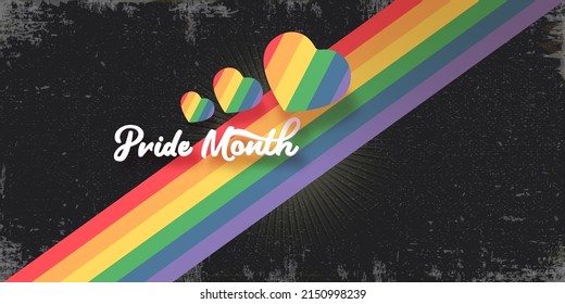 Happy pride month horizontal banner with heart and pride color flag isolated on grunge grey background. Pride month or pride day poster, flyer, invitation party card deign template.