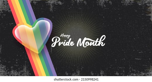 Happy pride month horizontal banner with heart and pride color flag isolated on grunge grey background. Pride month or pride day poster, flyer, invitation party card deign template.