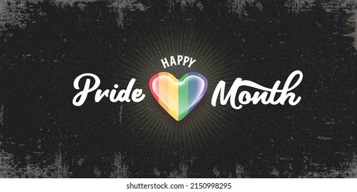 Happy pride month horizontal banner with heart and pride color flag isolated on grunge grey background. Pride month or pride day poster, flyer, invitation party card deign template.