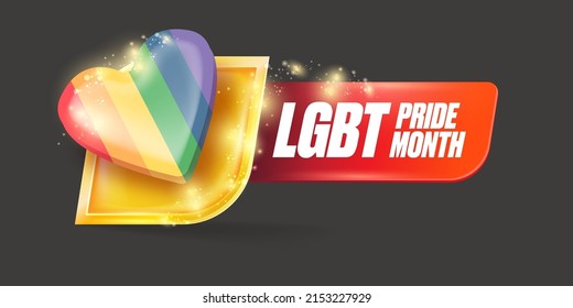 Happy pride month horizontal banner with pride colors striped heart isolated on grey background. LGBT Pride month or pride day poster, flyer, invitation party card modern style design template.
