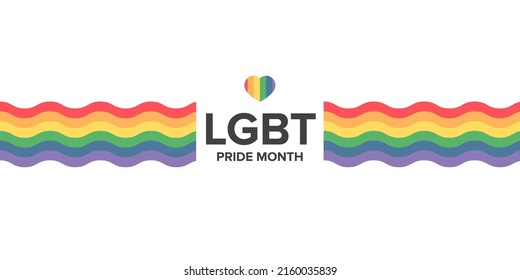 Happy pride month horizontal banner with pride color wave ribbon flag isolated on white background. LGBT Pride month or pride day poster, flyer, invitation party card modern style design template.