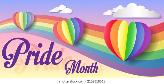Happy pride month horizontal banner with heart and pride color flag isolated on pink background. Pride month or pride day poster, flyer, invitation party card design template.