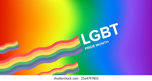 Happy pride month horizontal banner with pride color wave ribbon flag isolated on gradient background. LGBT Pride month or pride day poster, flyer, invitation party card modern style design template.